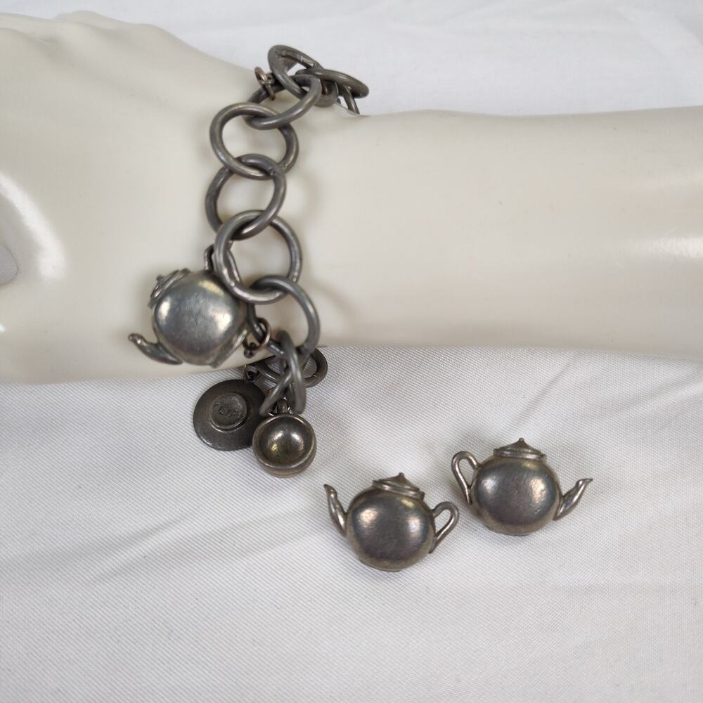 Jim Clift Pewter Tea Set Charm Bracelet Earrings Teapot Cup Spoon Vintage